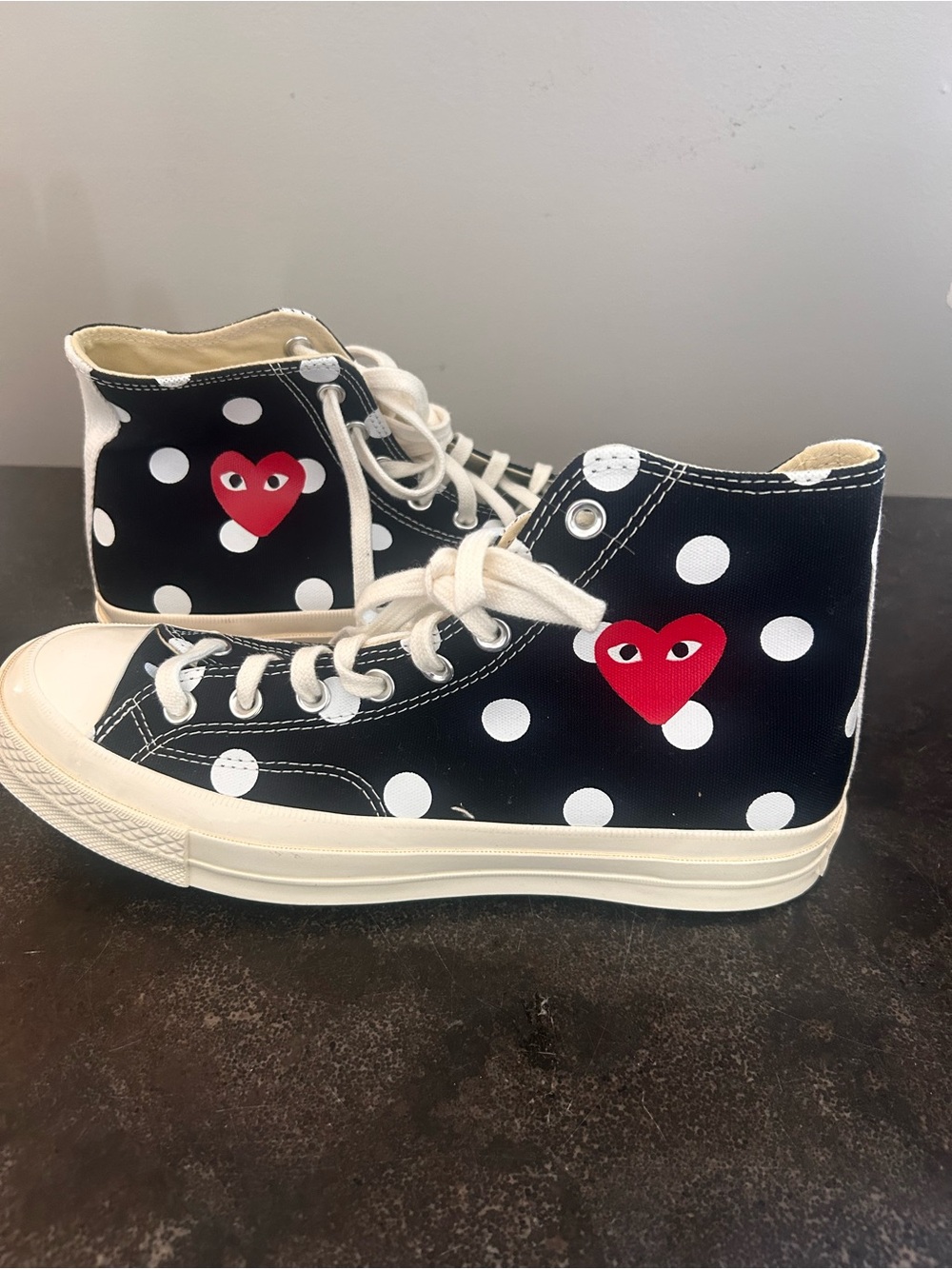 Comme des Garcons PLAY Black Polka Dot High-Top Sneaker with Red Heart